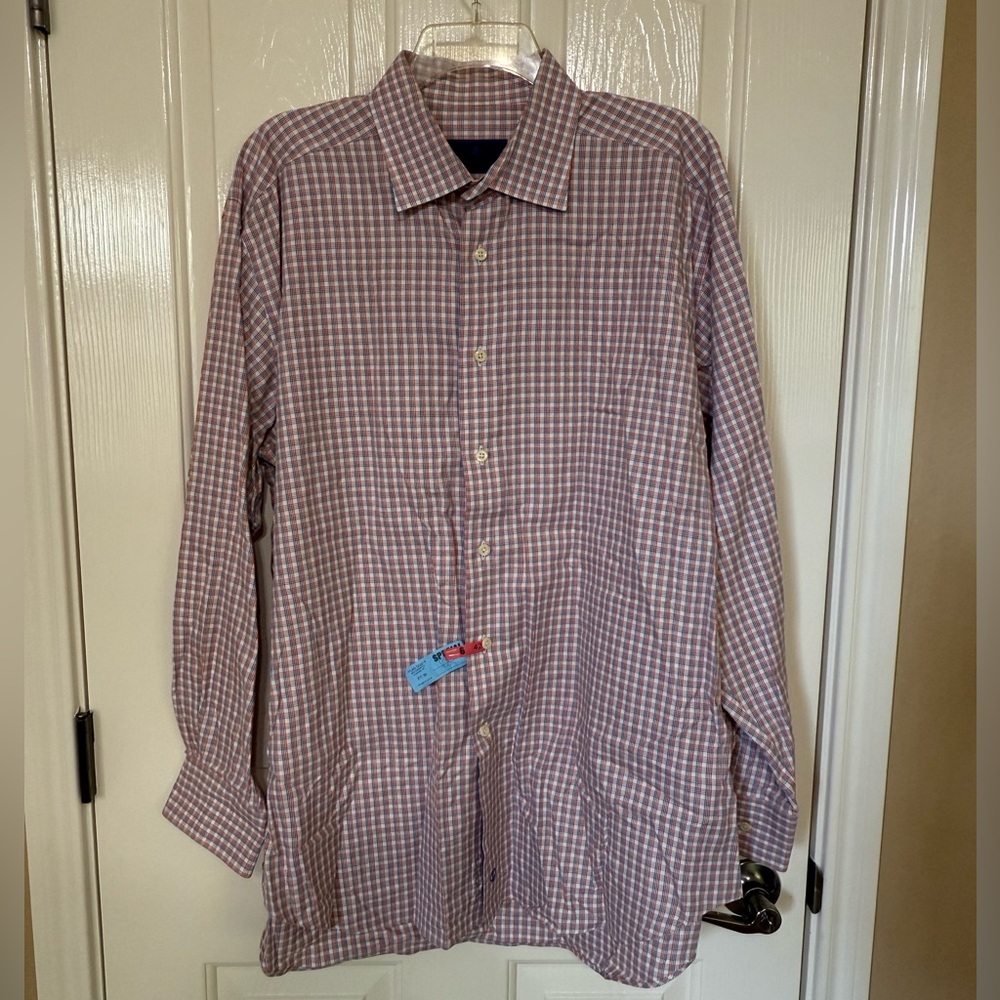 David Donahue Orange and Blue Plaid Dress Shirt